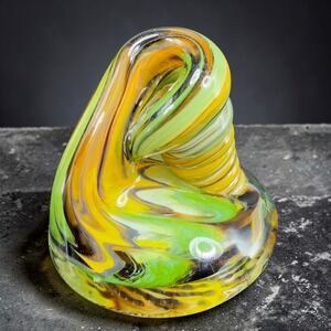 Hand Blown Pen Holder Glass Sculpture Paperweight Green Yellow Swirl Ribbed VTG